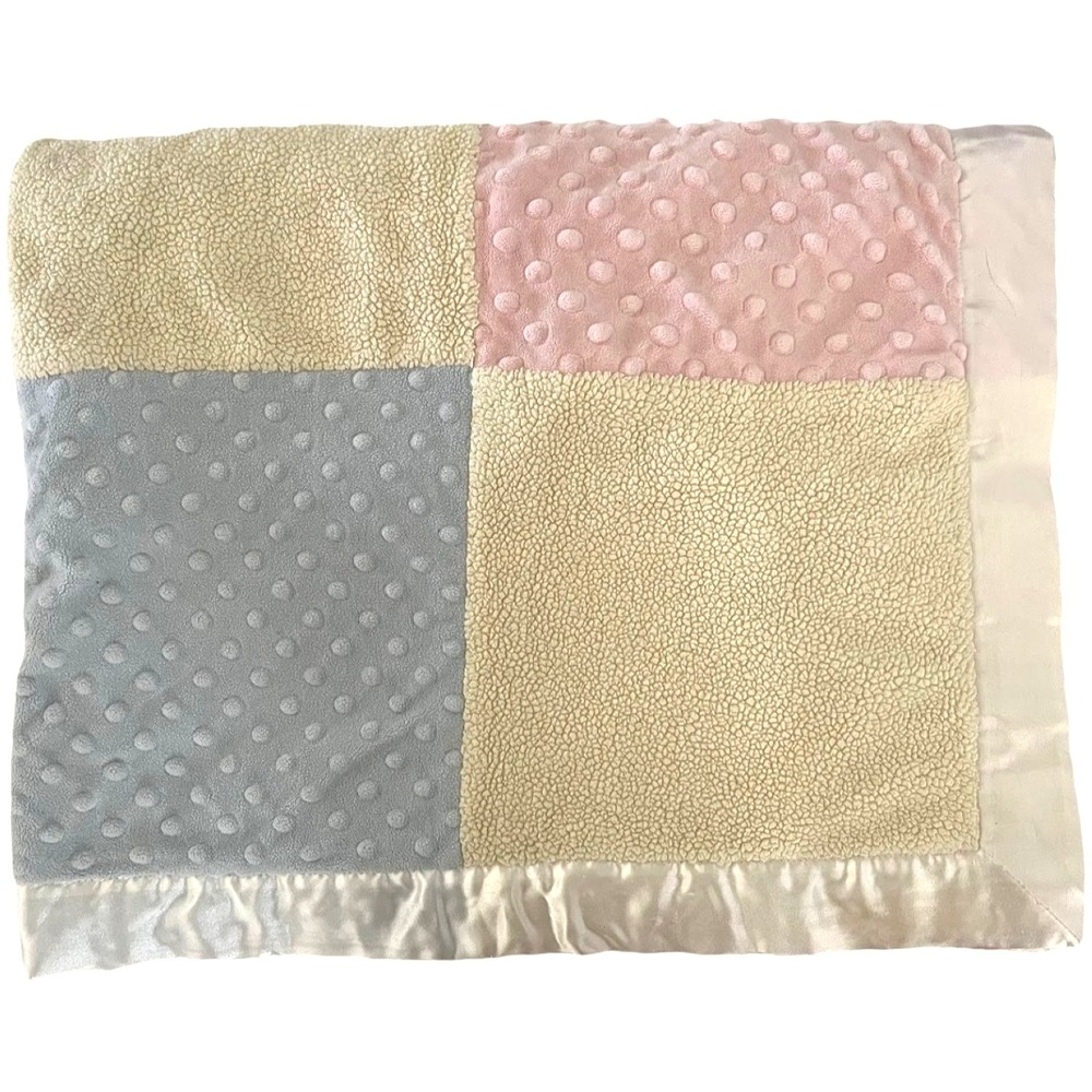 First Impressions Plush Patchwork Baby Blanket Unisex Blue Pink Yellow Satin